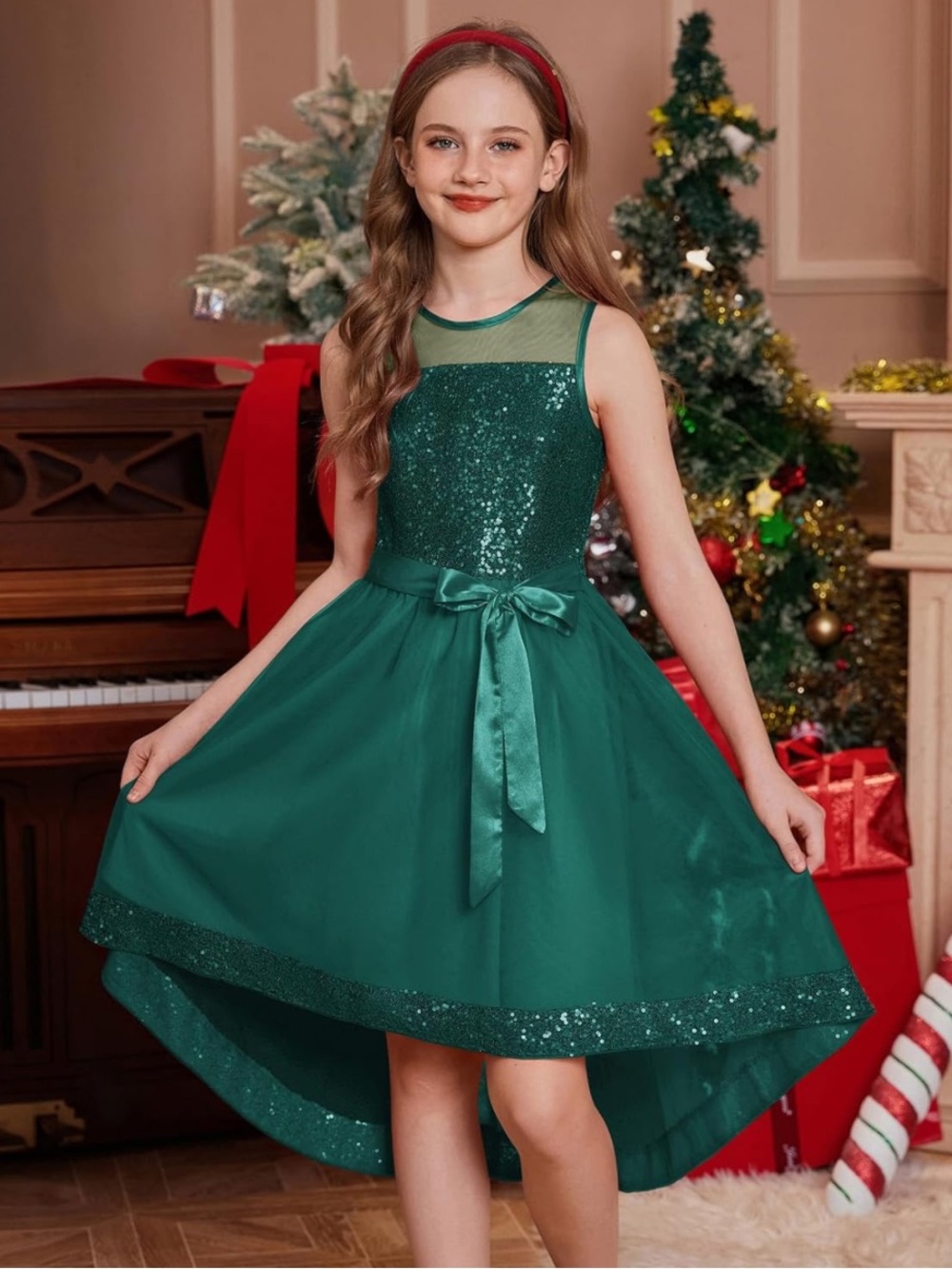 Girls' Emerald Green Sequin High-Low Party Dress